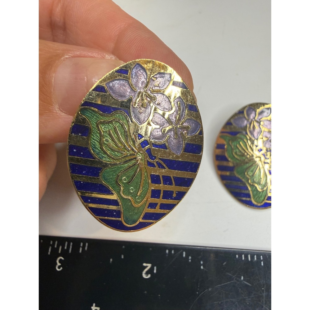 Cloisonne Enamel Butterfly Floral Clip On Earrings Gold Tone Oval Blue Striped